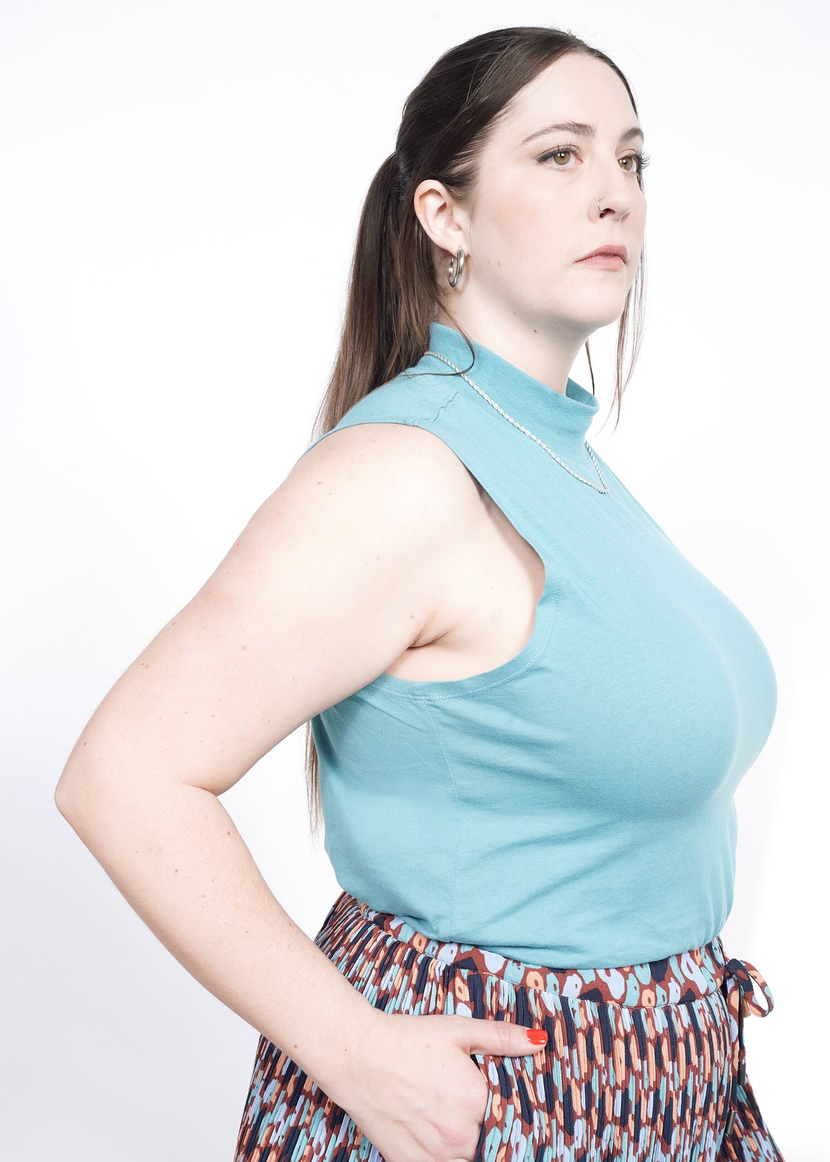 Side shot of The Essential Mock Neck Tank in Coastal