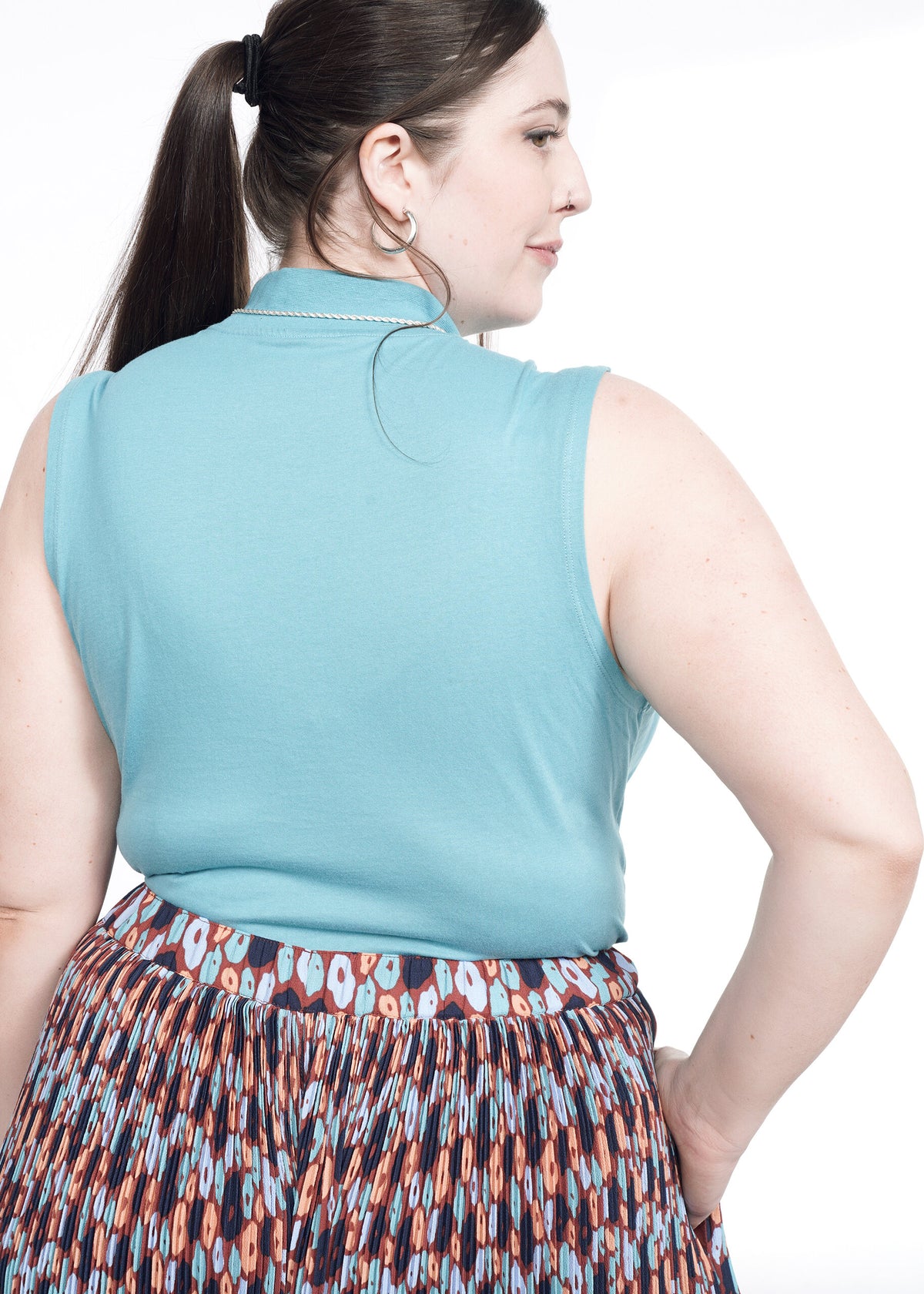 Back shot of The Essential Mock Neck Tank in Coastal