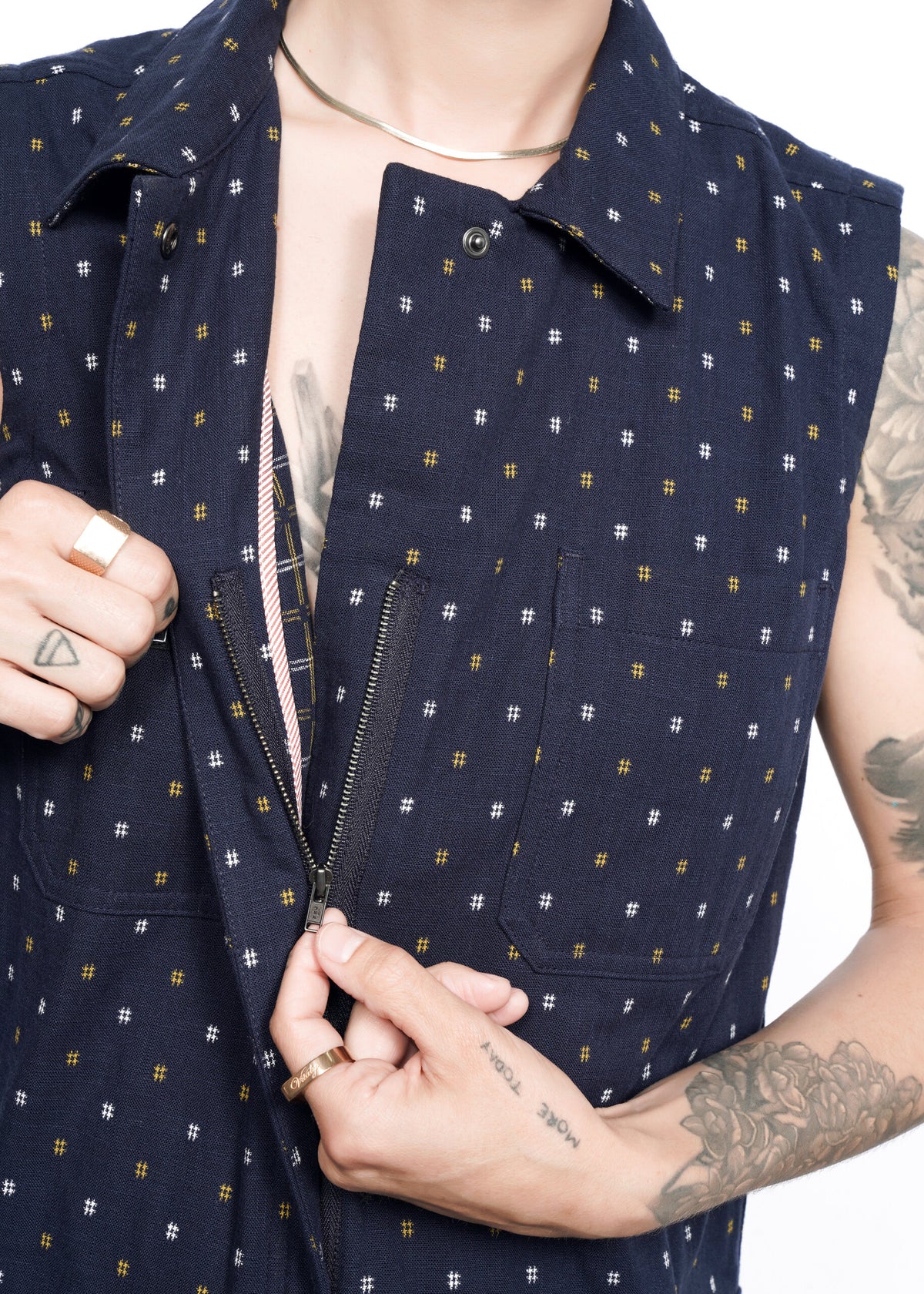 Model wearing The Essential Sleeveless Coverall in Hashtag Navy