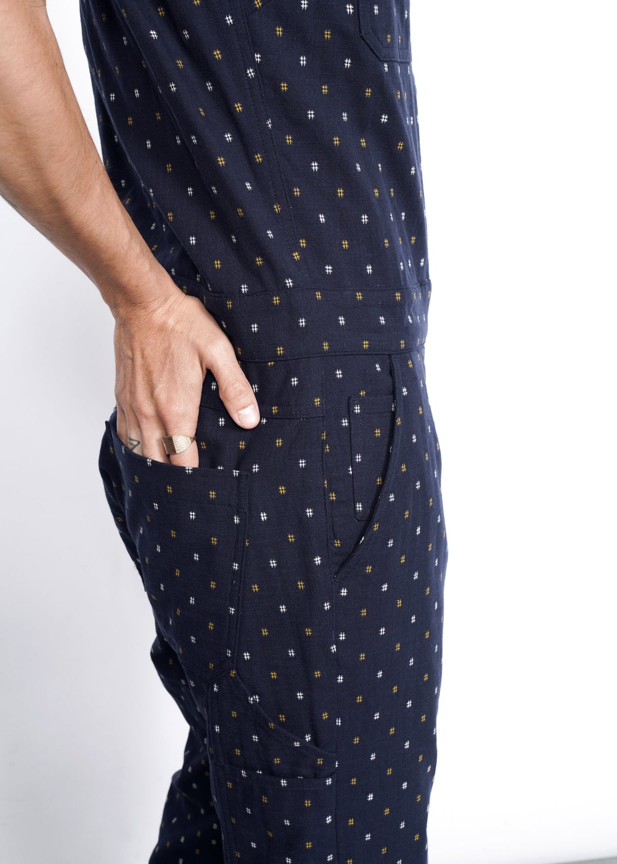 Model wearing The Essential Sleeveless Coverall in Hashtag Navy