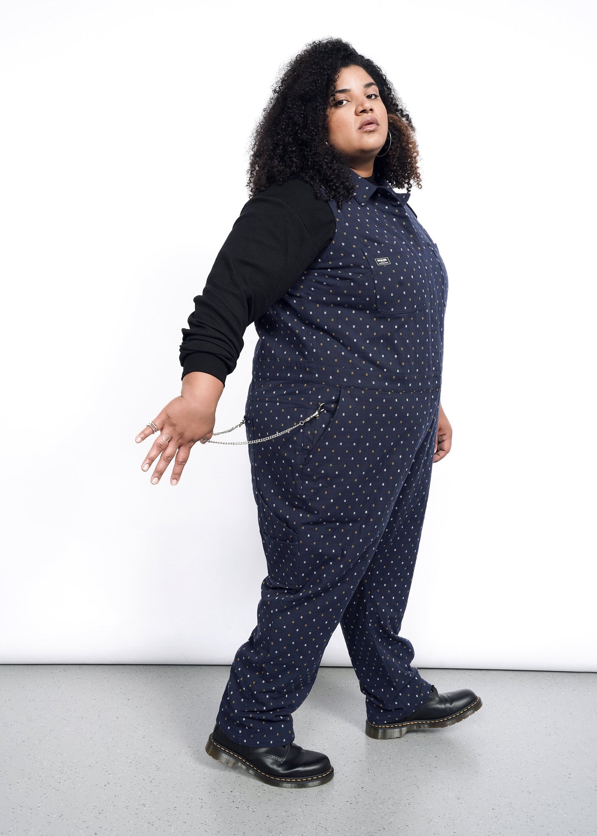 Model wearing The Essential Sleeveless Coverall in Hashtag Navy