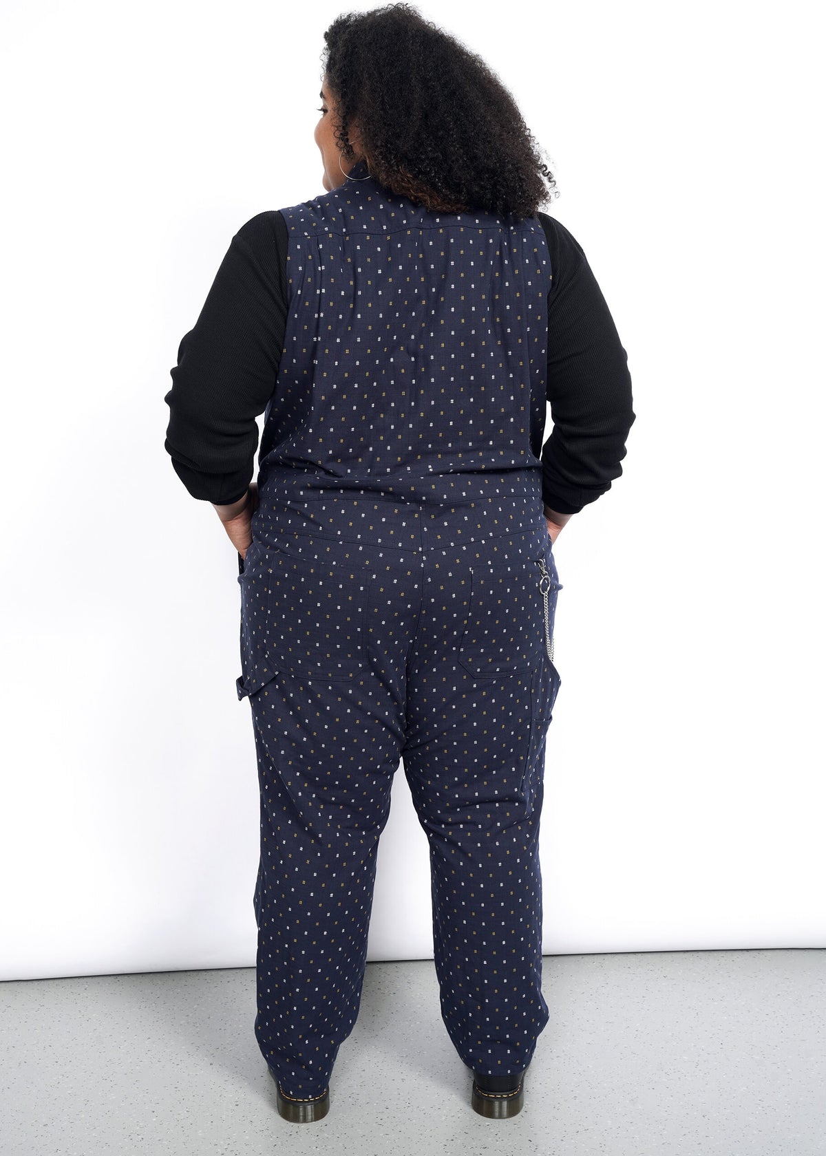 Model wearing The Essential Sleeveless Coverall in Hashtag Navy