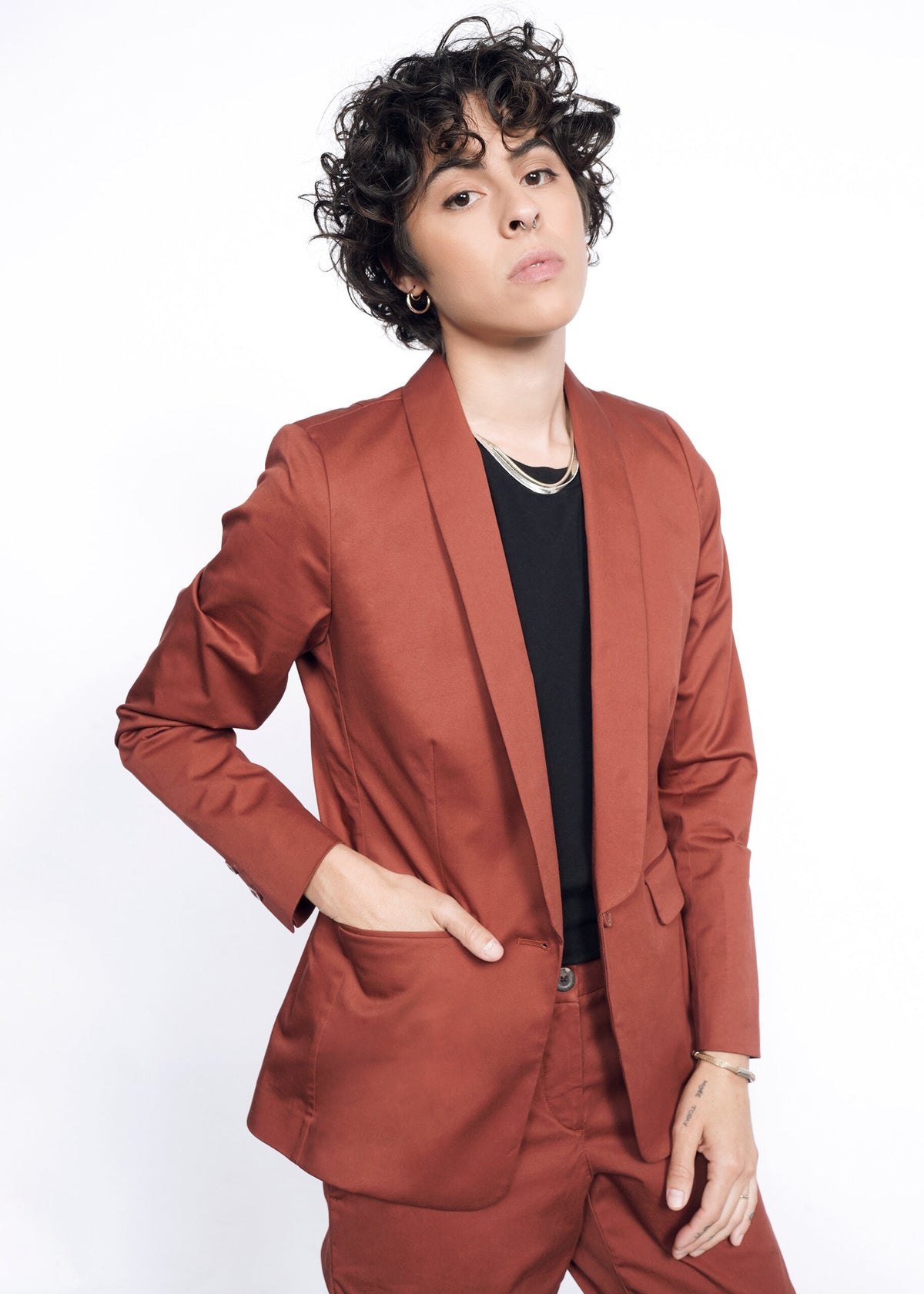 Model wearing The Essential Tux Blazer in Cinnamon