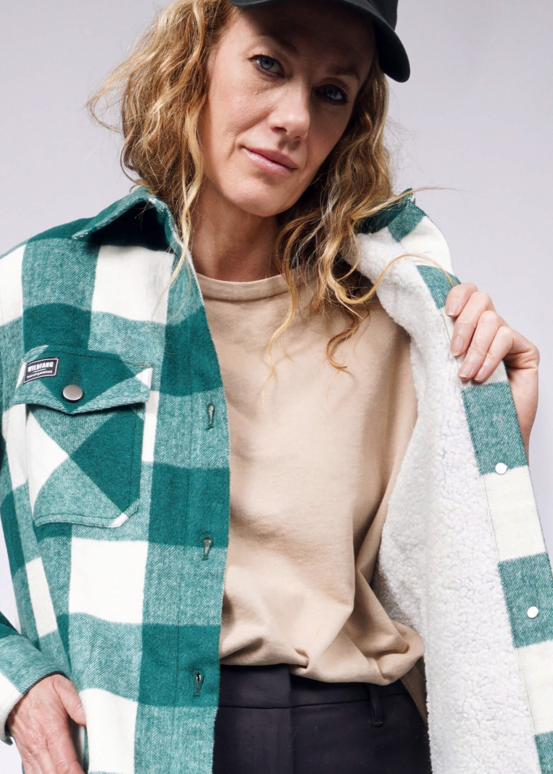 Wildfang The Essential Fleece Lined Shacket Forest Green and White