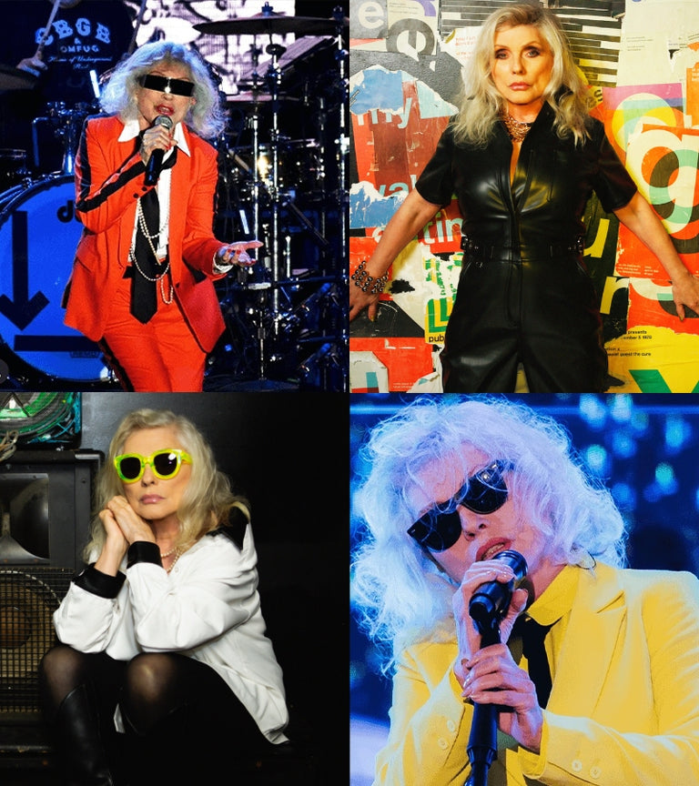 Collage of images of Debbie Harry wearing Wildfang clothing in various settings