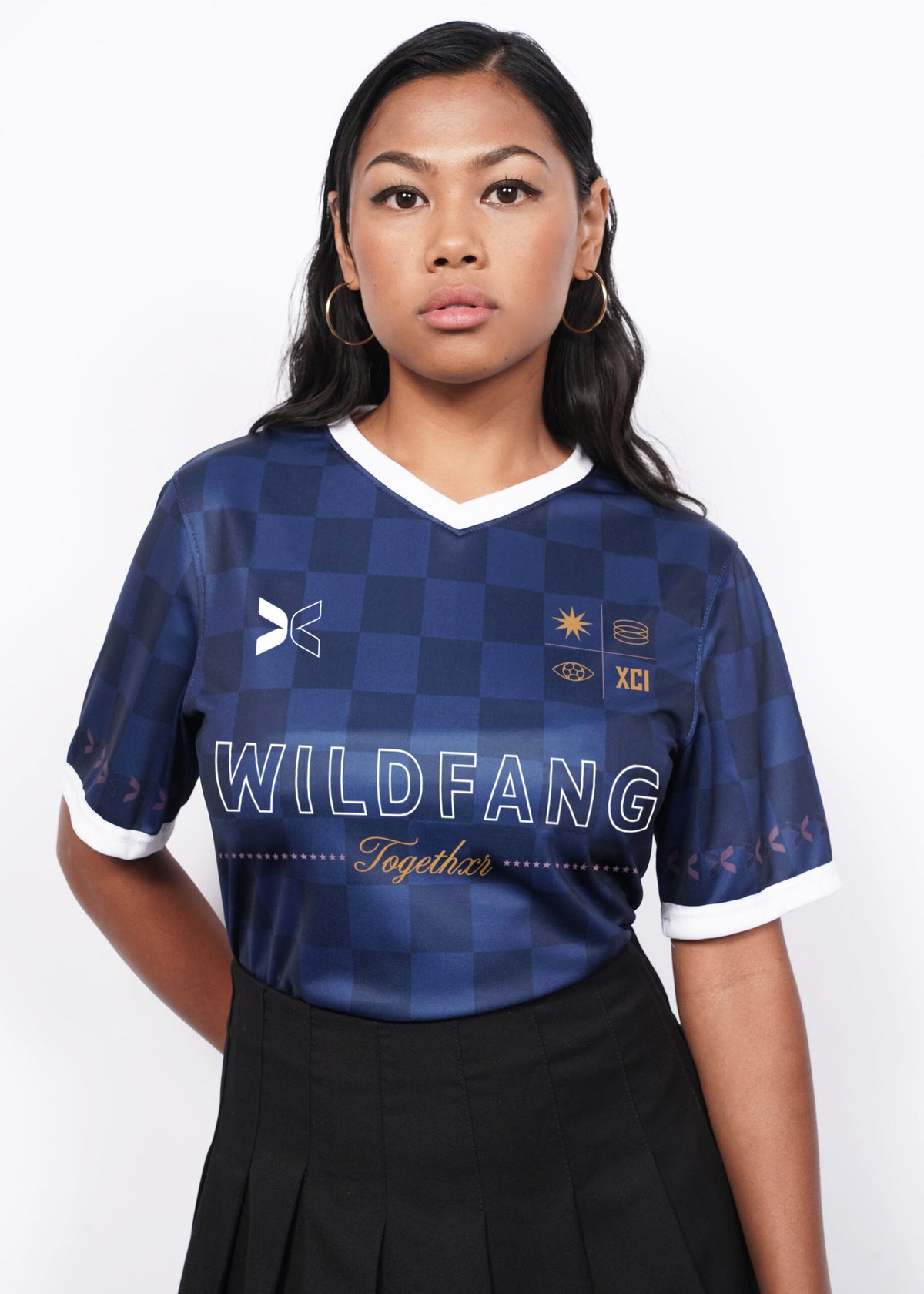 Model wearing WILDFANG x TOGETHXR 2023 JERSEY in Navy