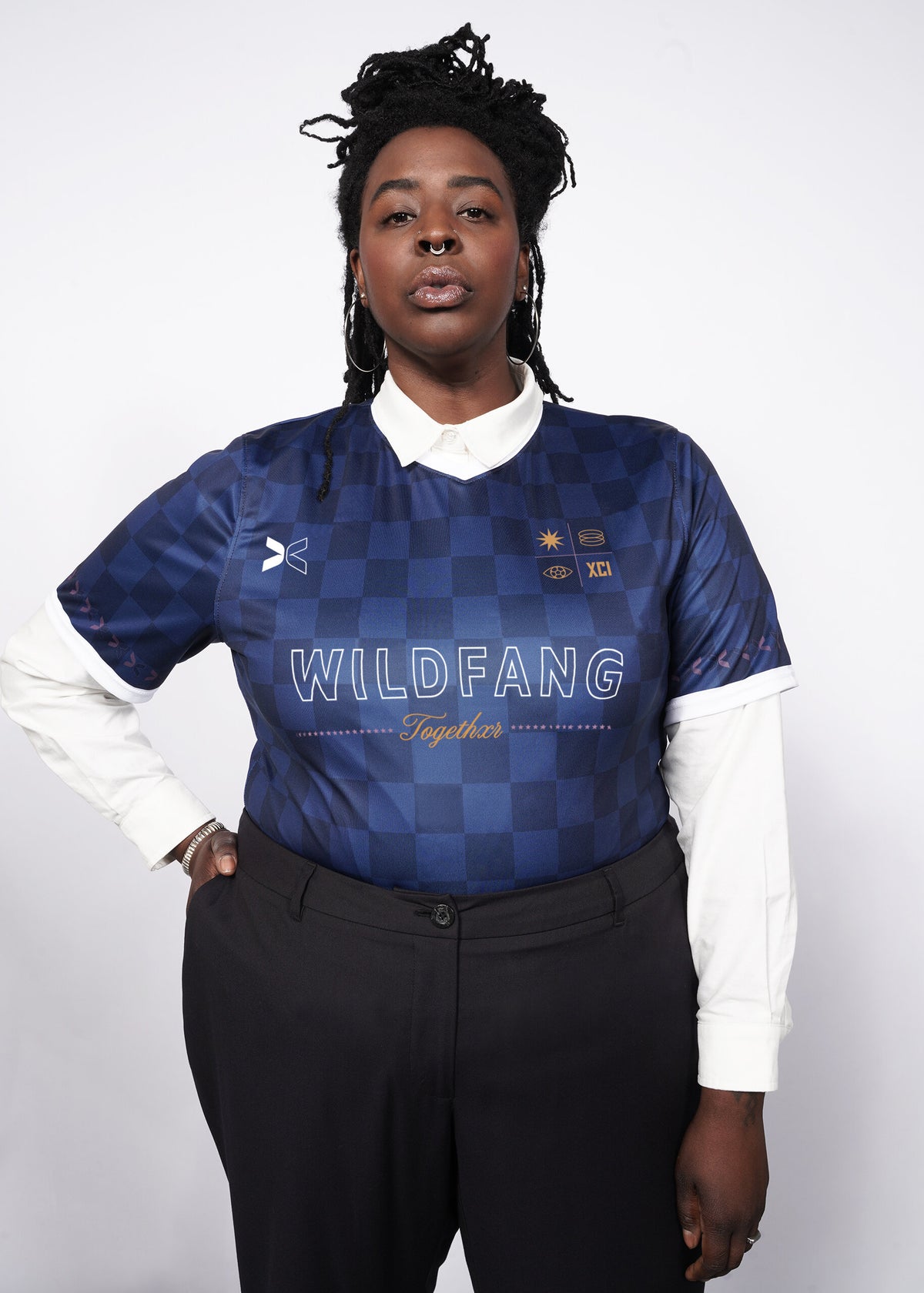 Model wearing WILDFANG x TOGETHXR 2023 JERSEY in Navy