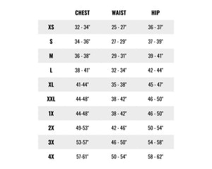 Size chart table on white background shows chest, waist, and hip measurements for sizes XS-4X.