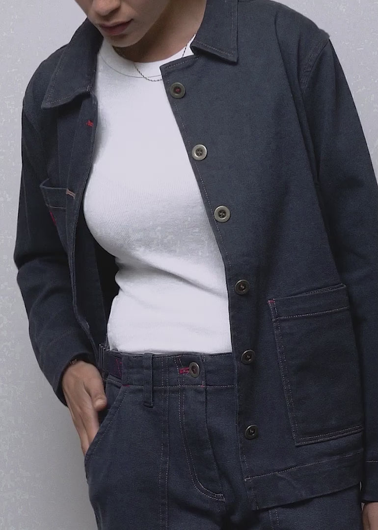 Model shows fit and features of The Essential Denim Utility Jacket