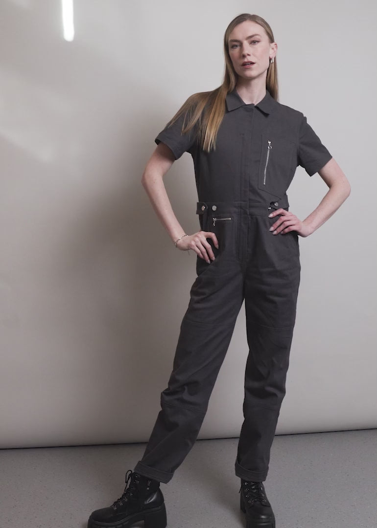 Model showing the fit and features of The Essential High Waisted Zipper Coverall 