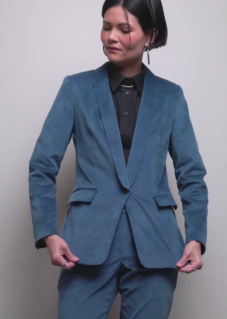 Two models of different sizes show the fit and features of The Empower Velveteen Tux Blazer
