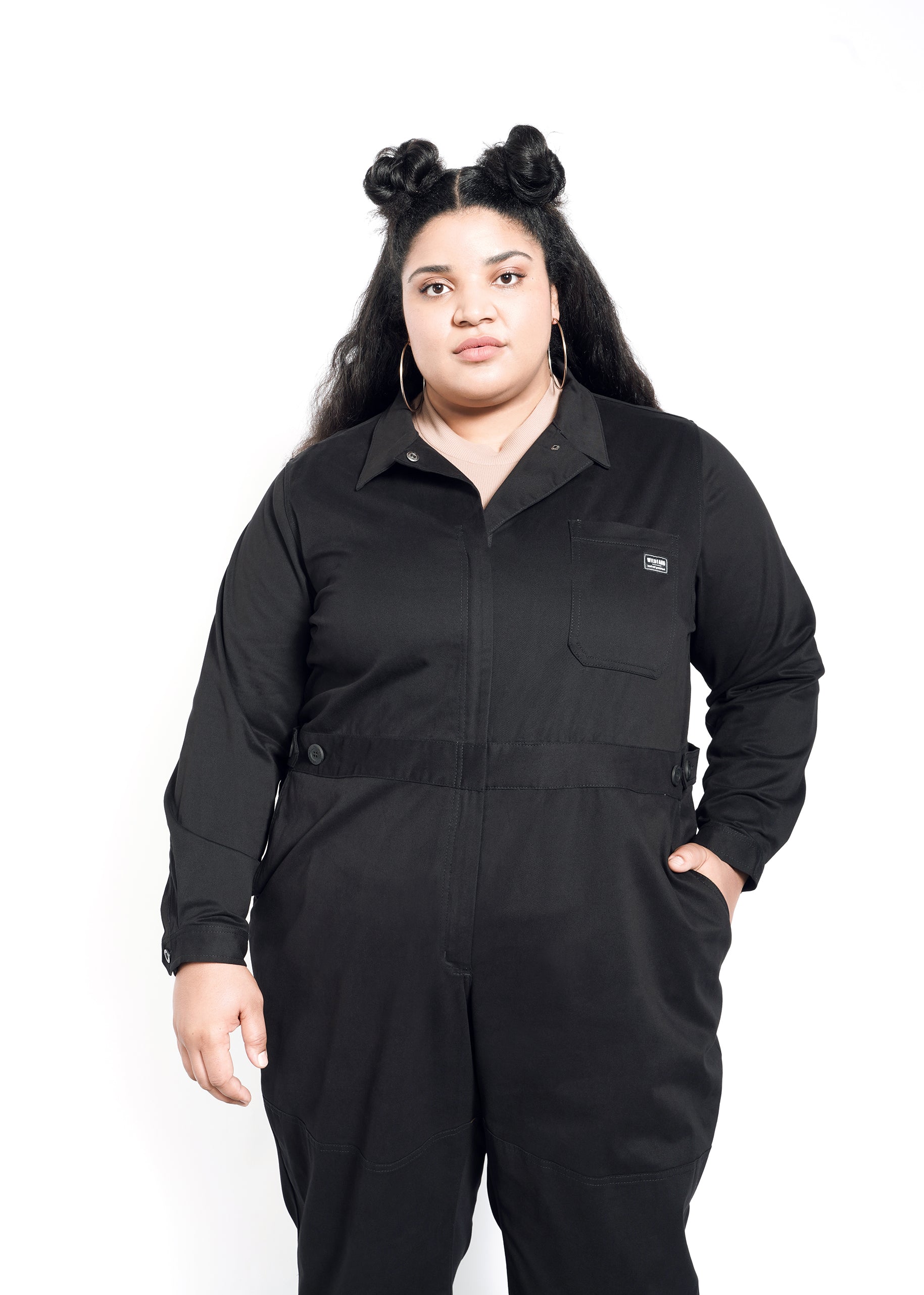 Model wearing The Essential Long Sleeve High Waisted Coverall in Black